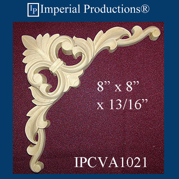 IPCVA1021-MAP Acanthus Corner 8" x 8" x 13/16" Hand Carved Maple