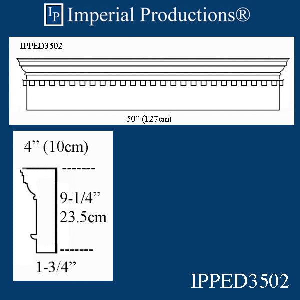 IPPED3502-POL Square Pediment 50" wide x 9-1/4" high with dentil