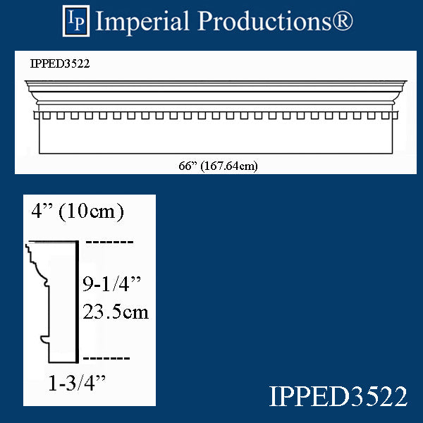 IPPED3522-POL Square Pediment 66" wide x 9-1/4" high with dentil strip