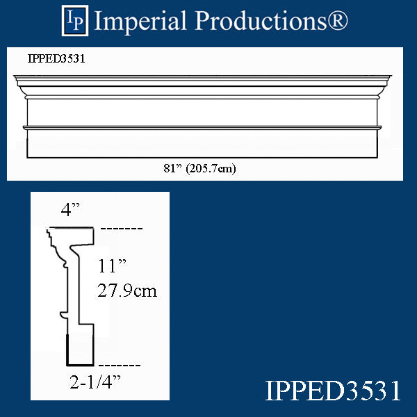 IPPED3531-POL Square Pediment 81" wide x 11" high with dentil