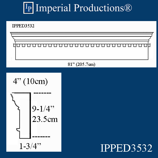 IPPED3532-POL Square Pediment 81" wide x 9-1/4" high with dentil