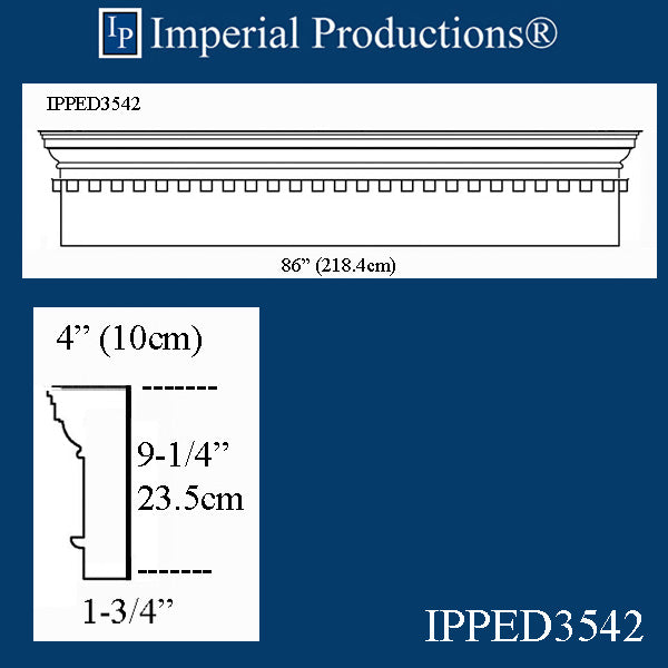 IPPED3542-POL Square Pediment 86" wide x 9-1/4" high with dentil