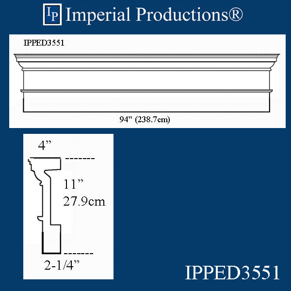 IPPED3551-POL Square Pediment 94" wide x 11" high with dentil