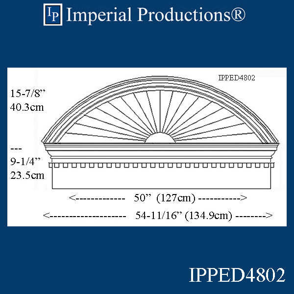 IPPED4802-POL Sunburst Pediment with Header with dentil 54-11/16" wide x 25-1/8" high