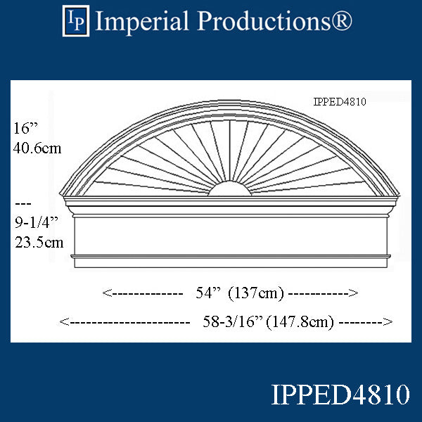 IPPED4810-POL Sunburst Pediment with Header with 58-3/16" wide x 25-1/4" high