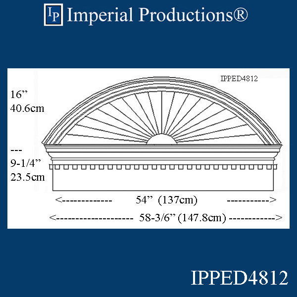 IPPED4812-POL Sunburst Pediment with Header with 58-3/16" wide x 25-1/4" high