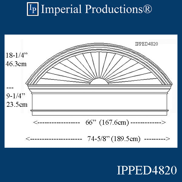 IPPED4820-POL Sunburst Pediment with Header with 74-5/8" wide x 27-1/2" high
