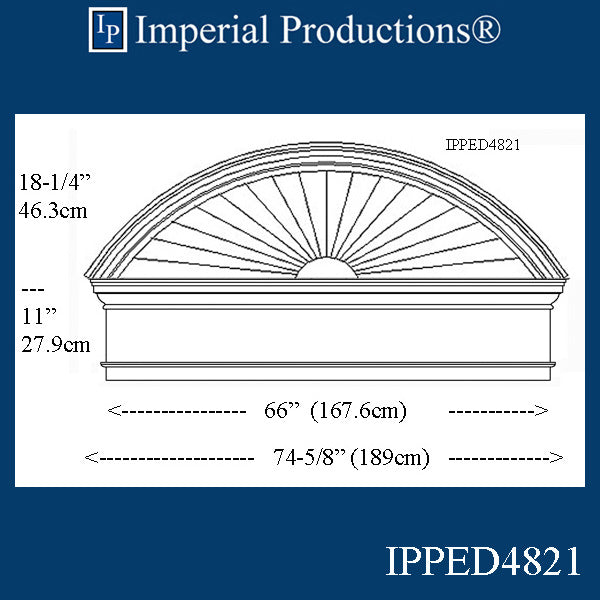 IPPED4821-POL Sunburst Pediment with Header with 74-5/8" wide x 29-1/4" high