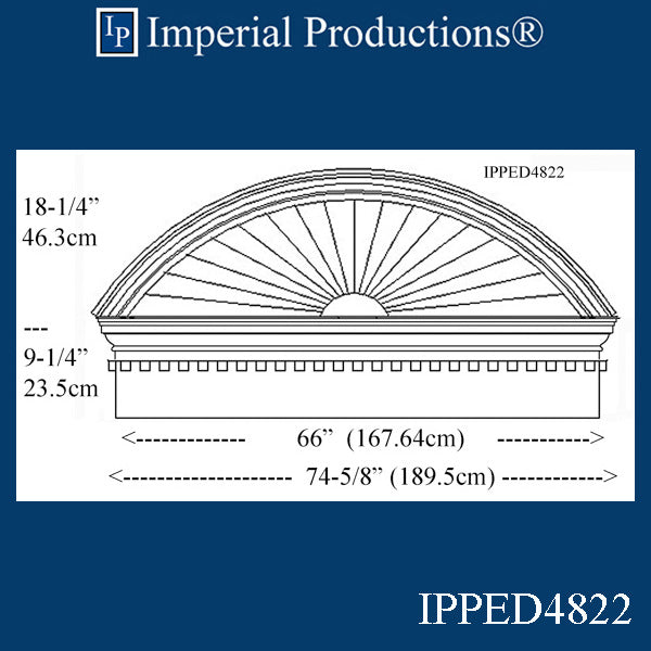 IPPED4822-POL Sunburst Pediment with Header with 74-5/8" wide x 27-1/2" high
