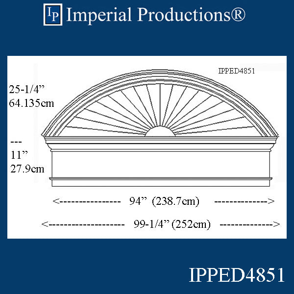 IPPED4851-POL Sunburst Pediment with Header with 99-1/4" wide x 36-1/4" high