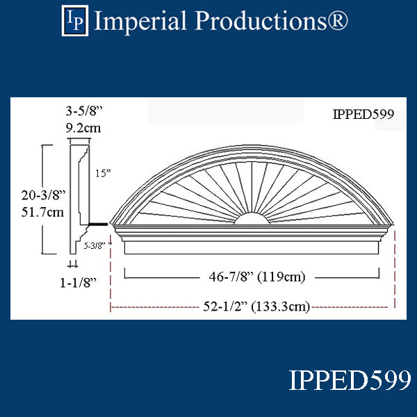 IPPED599-POL Sunburst Pediment 52-1/2" wide x 20-3/8" high