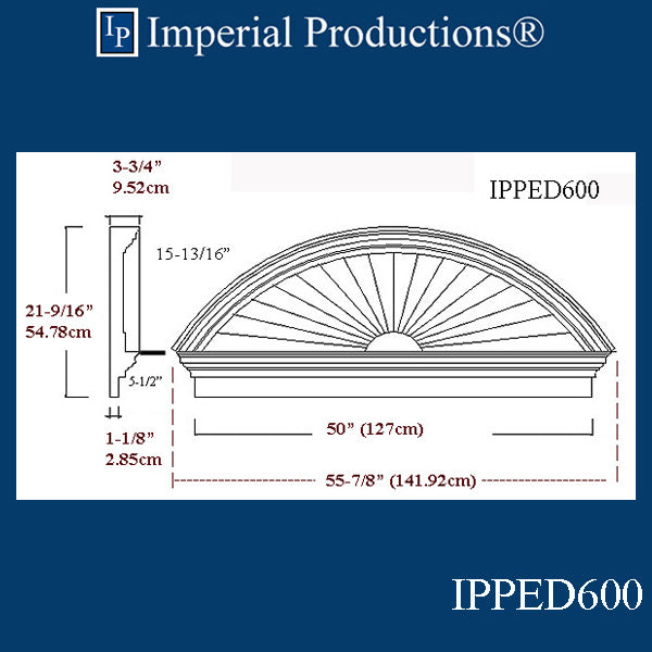 IPPED600-POL Sunburst Pediment 55-7/8" wide x 21-9/16" high