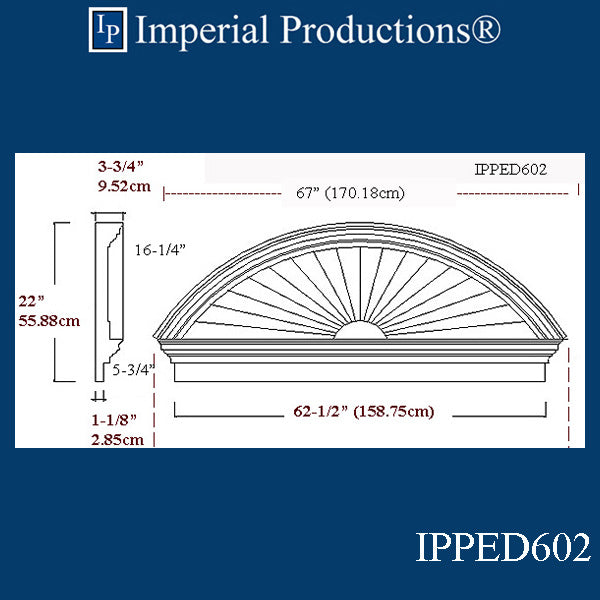 IPPED602-POL Sunburst Pediment 67" wide x 22" high