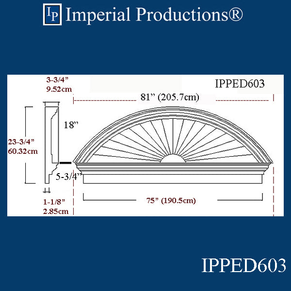 IPPED603-POL Sunburst Pediment 81" wide x 23-3/4" high