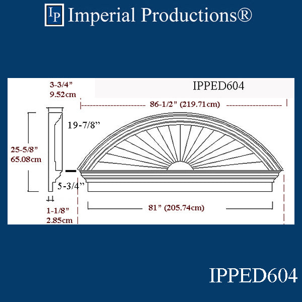 IPPED604-POL Sunburst Pediment 86-1/2" wide x 25-5/8" high