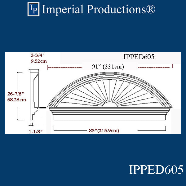 IPPED605-POL Sunburst Pediment 91" wide x 26-7/8" high