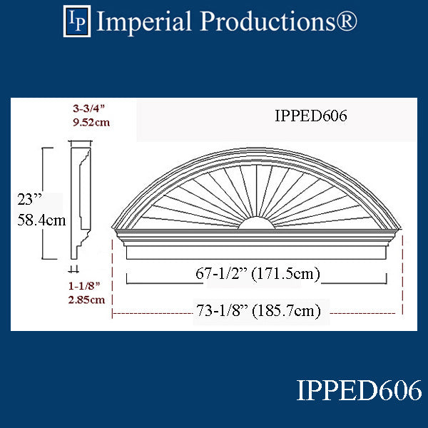 IPPED606-POL Sunburst Pediment 73-1/8" wide x 23" high