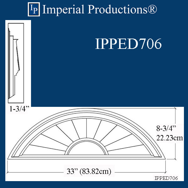 IPPED706-POL Sunburst Pediment 33" wide x 8-3/4" high