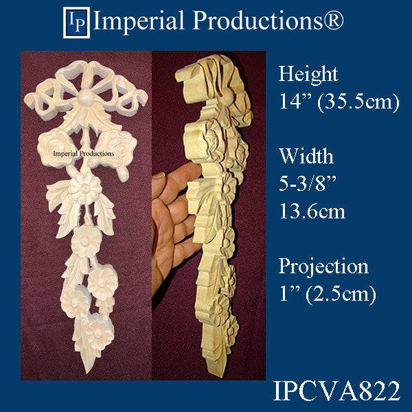 IPCVA822-MAP Drop Applique 14" high x 5-3/8" wide, Hand Carved Maple