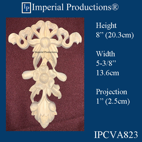 IPCVA823-BAS Drop Applique 8" high x 5-3/8" wide, Hand Carved Basswood