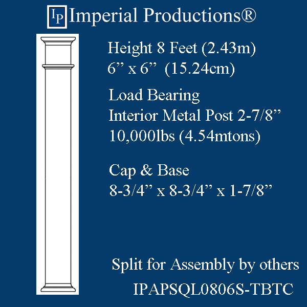 IPAPSQL0806S-TBTC - 8 Feet x 6" x 6" Tuscan Square Smooth Load Bearing Column