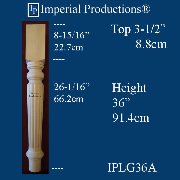 IPLG36A-SMAP-PK2 Georgian Reeded Leg 36" x 3-1/2" Square Soft Maple Pack of 2 - Custom Order