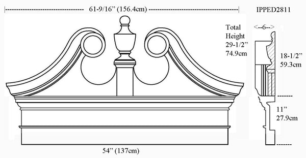 IPPED2811-POL Ramshead Pediment with dentil Bottom Fascia 54 inches