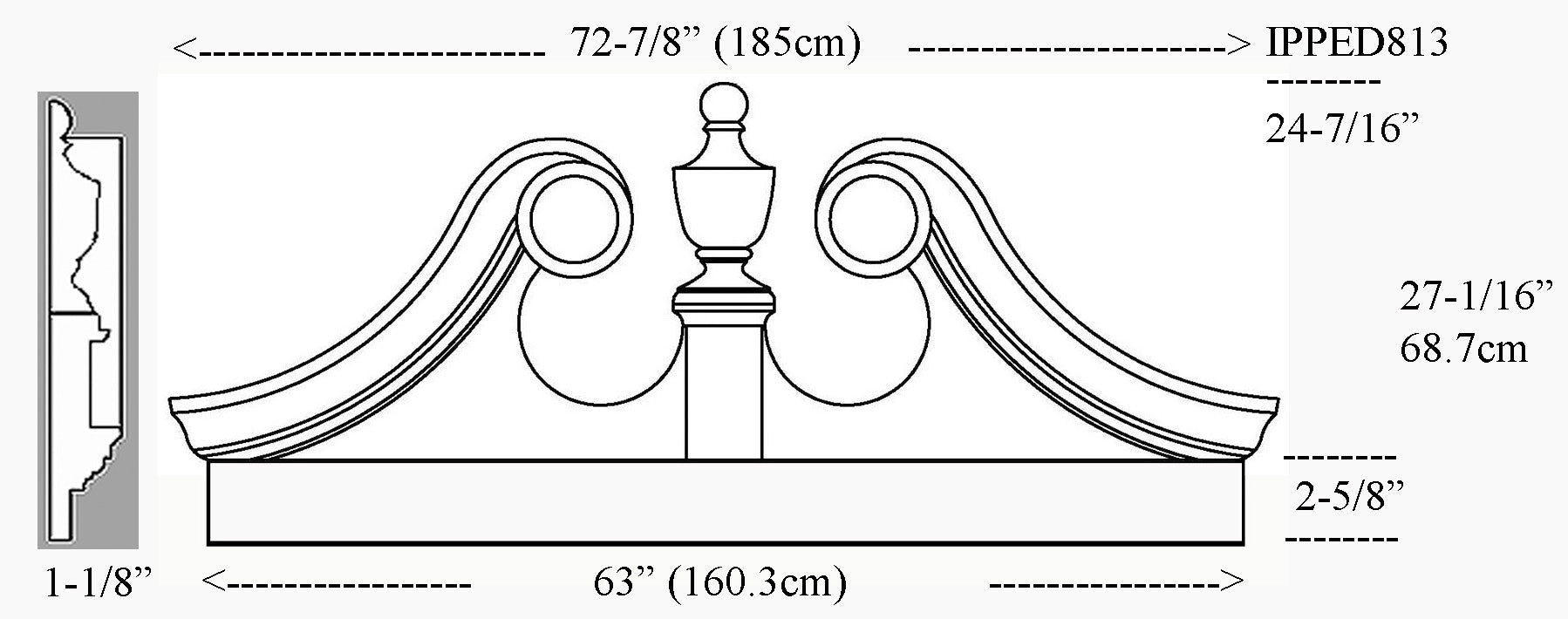 IPPED813-POL Ramshead Pediment Bottom Fascia 63 inches
